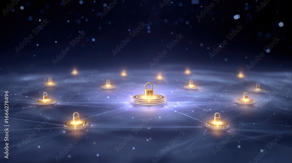 Poster a digital representation of a secure network featuring glowing padlocks connected by lines in a dark
