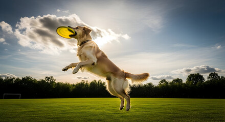 Golden Retriever Dog Leaping High to Catch a Flying Disc in a Sunny Field Active Energetic Happy Playful Pet Canine Animal Outdoors Summer Fun