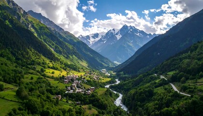 Fototapeta premium Lush valley nestled in majestic mountains
