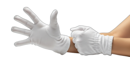 Person putting on white gloves with fingers spread wide against a transparent background view