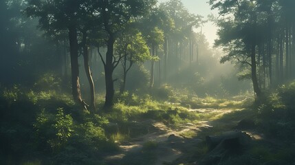 Fototapeta premium Path Through Fog: Photorealistic Forest Path Emerging from Morning Mist with Light Beams Symbolizing Clarity and Direction in Uncertain Times