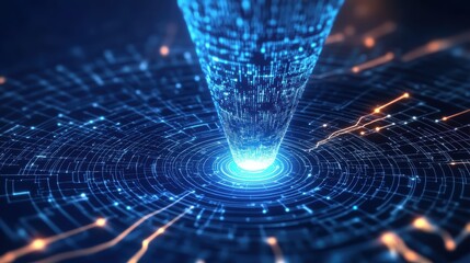 A dynamic, digital vortex of blue light and binary code, representing advanced technology and data flow.
