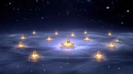 A digital representation of a secure network featuring glowing padlocks connected by lines in a dark, starry background.