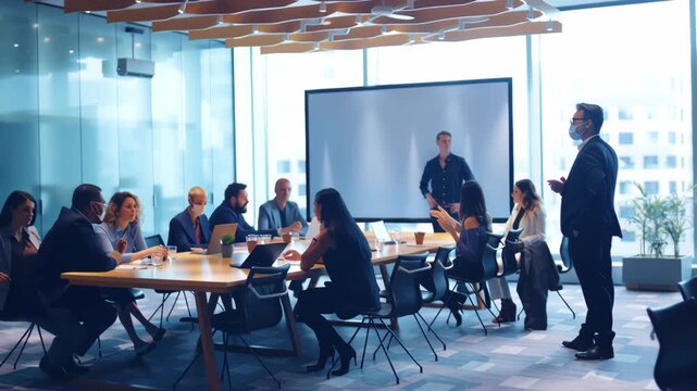 Defocused footage of a corporate training session with a business-themed blurred background.