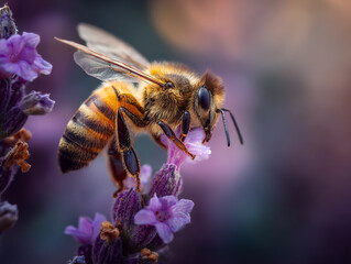 A honeybee collecting nectar from a lavender flower in a garden setting