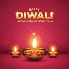 Happy Diwali greeting with glowing oil lamps and golden text on red background, symbolizing prosperity, spirituality, and celebration of the Indian festival of lights