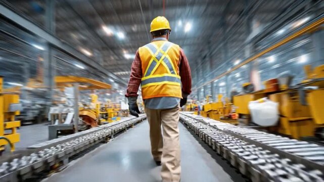 Factory Worker's Walk: A determined factory worker strides confidently through a bustling manufacturing facility, highlighting the dedication and hard work integral to industry.
