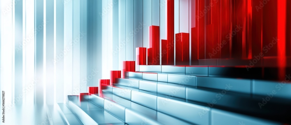 Poster a modern, abstract image featuring layered transparent blocks in red and blue, resembling a staircas