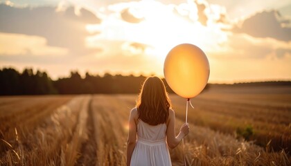 Golden Horizon: A serene moment as a person gazes toward a promising horizon, a singular balloon soaring into the expansive sky. Capturing themes of hope and freedom.