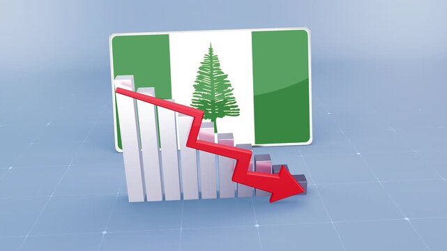 Norfolk Island Country Flag and Bar Chart Graph Showing Decreasing Values a Red Arrow Economic Crisis Concept