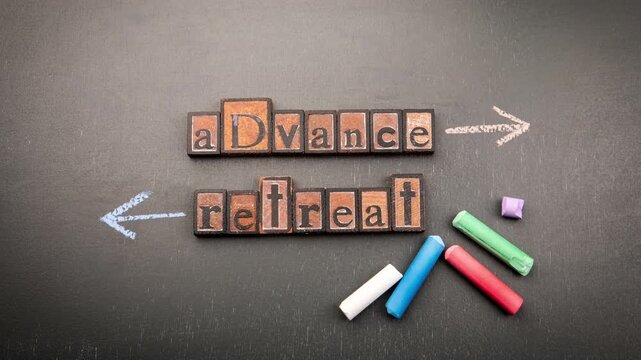 Chalk animation visually representing the contrast between Advance and Retreat with wooden letters and directional arrows on a blackboard background