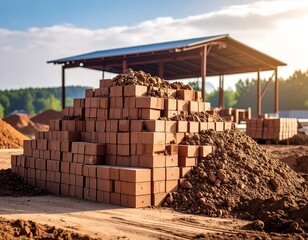 Stacked terracotta bricks under a metal structure