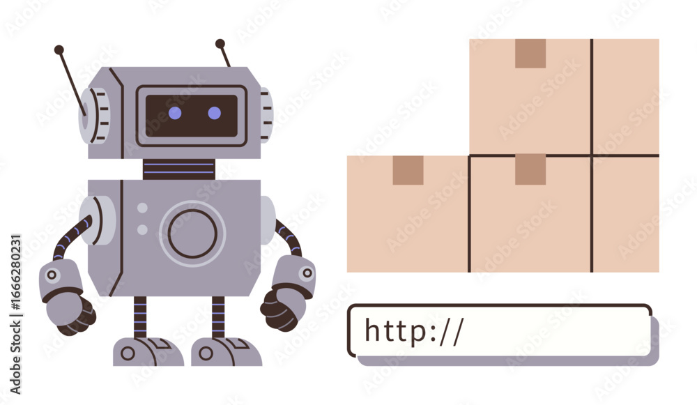 Poster robot interacting with stack of boxes and web search bar, representing automation, e-commerce, and t