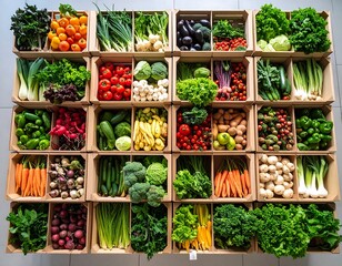Colorful Variety of Fresh Produce in Wooden Crates.