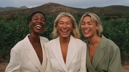 Obraz premium Three young women standing in a vineyard with mountains in the background. they are all wearing beige blazers and are smiling widely, showing their teeth.