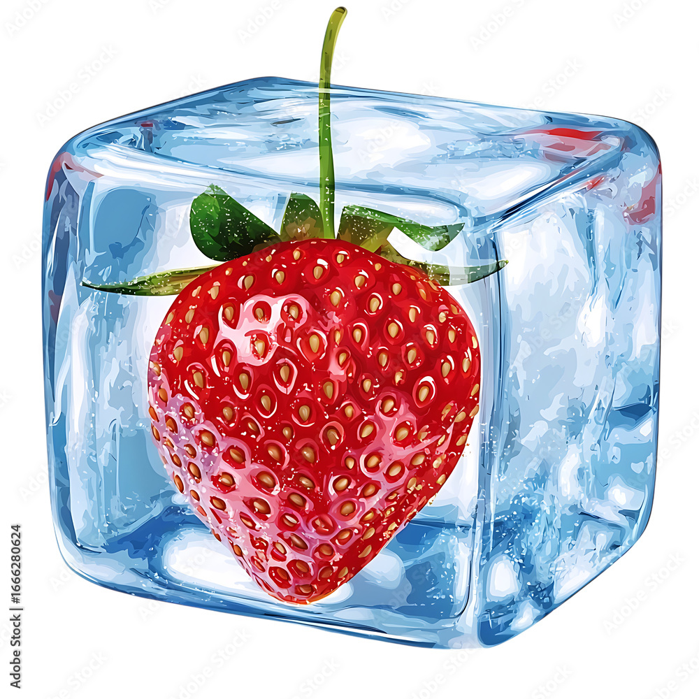 Poster strawberry frozen in a block of ice isolated on white background transparent png