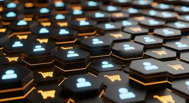 Hexagonal buttons with user and shopping cart icons, representing social media, ecommerce, and online networking in a futuristic design - Powered by Adobe
