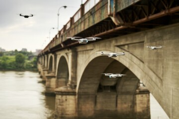 Multiple drones flying under an old concrete bridge over a river during daylight with a cloudy sky in the background. Ai generative. Ai generative