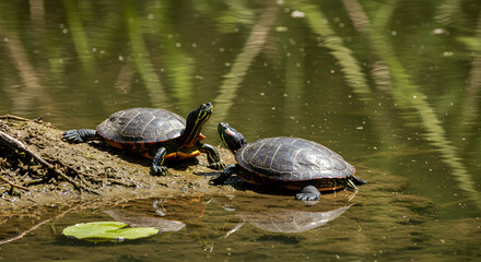 Fototapeta premium Two Painted Turtles Basking on a Log in a Calm Pond Nature Wildlife Photography