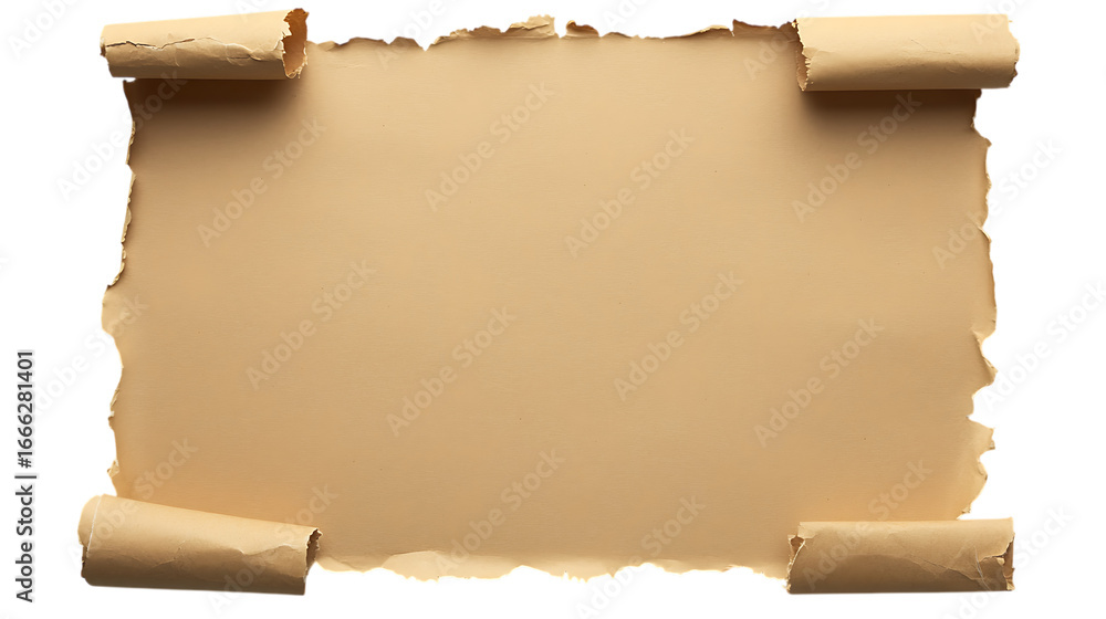 Poster aged paper scroll with curled edges on transparent png isolated background