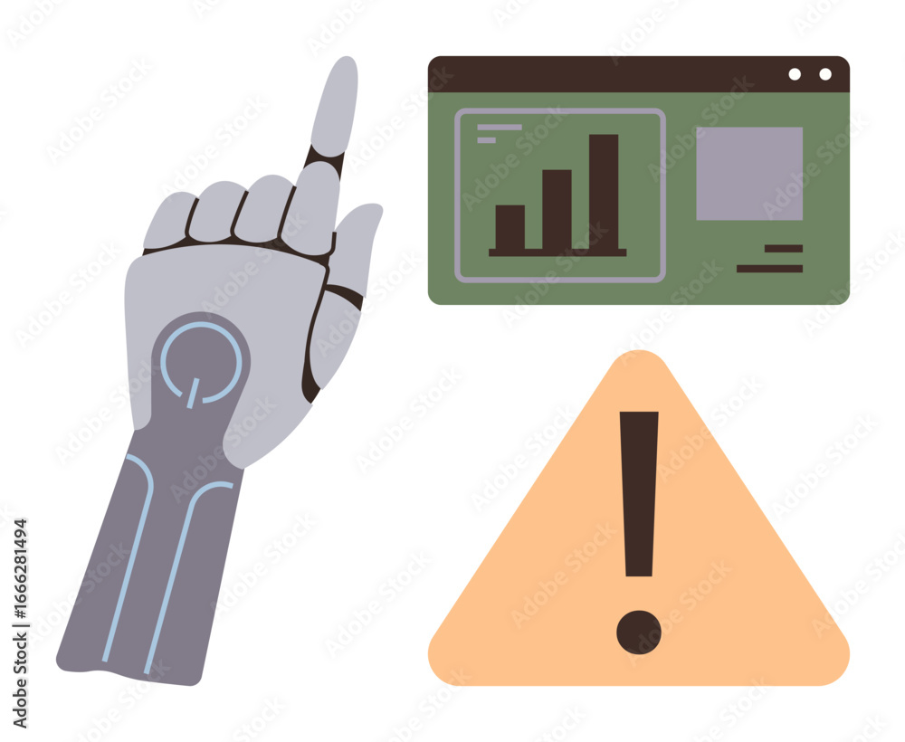 Poster robotic hand pointing upward, green data analysis dashboard with charts, and exclamation caution sig