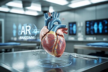 Augmented reality human heart anatomy model displayed in high-tech medical lab with futuristic light and digital interface background. Ai generative