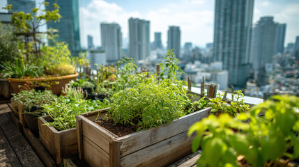 Fototapeta premium Urban Rooftop Garden with Wooden Planters and Cityscape Background