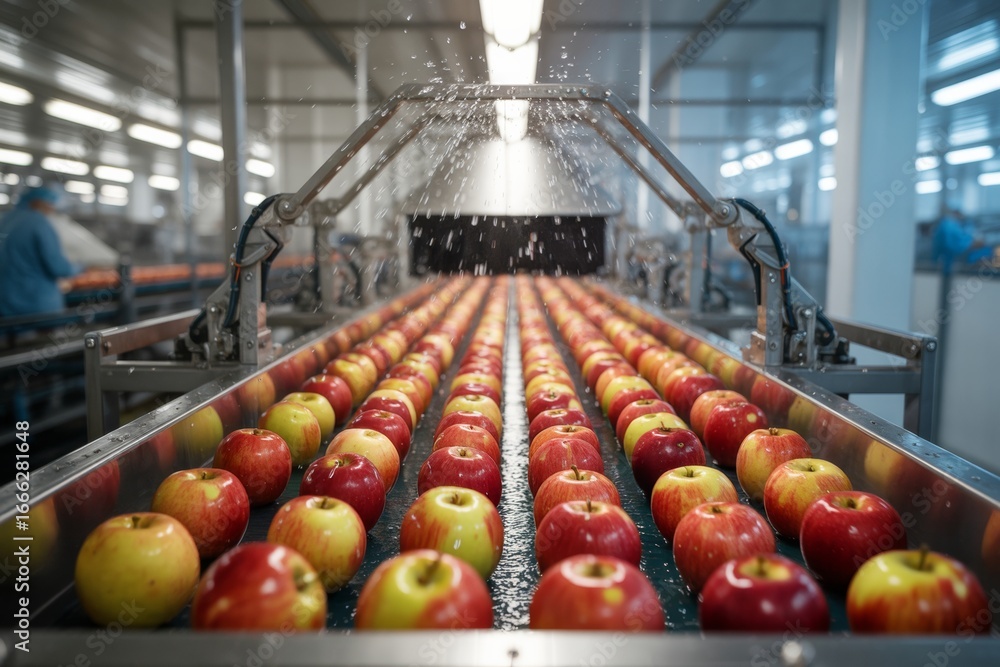 Poster automated apple washing line in modern food processing factory with apples aligned under water jets 