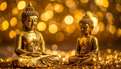Fototapeta premium Two golden Buddha statues in a serene setting, bathed in warm golden light.
