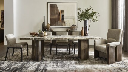 Fototapeta premium Modern Dining Room Table with Elegant Decor and Comfortable Chairs in Neutral Tones