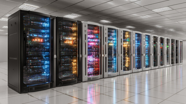 Row of illuminated server racks in a data center