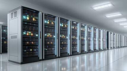 Row of illuminated server racks in a modern data center