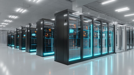 Modern Data Center with Rows of Server Racks Emitting Blue Light