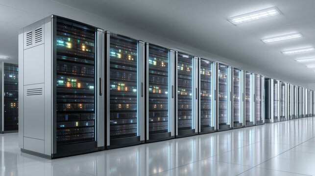 Row of illuminated server racks in a modern data center