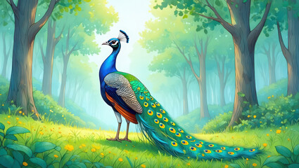 Naklejka premium A colorful peafowl with a bright blue head and green feathers is captured in a close-up portrait, displaying its beautiful plumage in the park