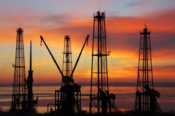 Obraz premium Oil drilling rigs silhouetted against vibrant sunset sky with orange and purple hues above calm water, symbolizing energy production concept. Ai generative