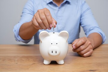 business finance saving and investment concept. hand put money coin into piggy bank for saving money wealth.