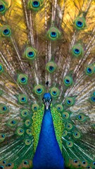 Obraz premium A peacock, with its vibrant plumage fully displayed, showcasing the rich array of blues, greens, and golds.