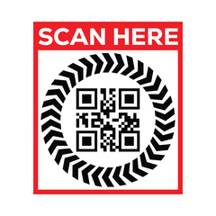 High-contrast QR code design with black and white grid, framed by a bold red border with “SCAN HERE” text. Clean, modern, minimal, and functional style, ideal for tech and marketing use.