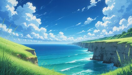 Anime aesthetic landscape ocean view cinematic composition