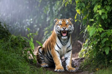 Majestic tiger roaring in jungle during rain, surrounded by lush greenery and dramatic light with intense wildlife concept background scene. Ai generative