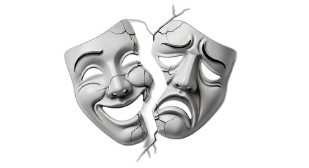 A cracked mask showing a happy face and a sad face on a transparent background digital art