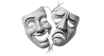 A cracked mask showing a happy face and a sad face on a transparent background digital art