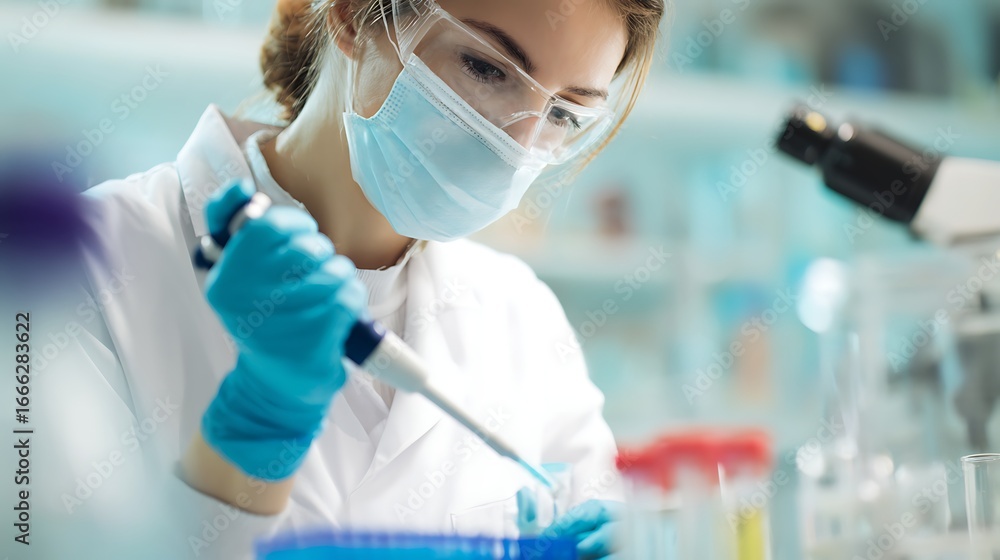 Poster scientist in a lab performing research wearing ppe using a pipette with test tubes and a microscope 
