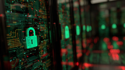 Cybersecurity Concept: Digital Lock on Circuit Board with Server Background