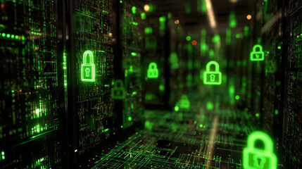 Digital Security Network with Green Lock Icons and Circuitry