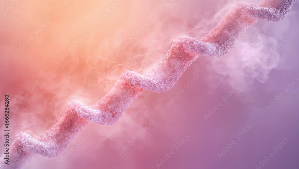 Poster abstract wavy shapes with glowing particles against a soft gradient background of pink and orange hu