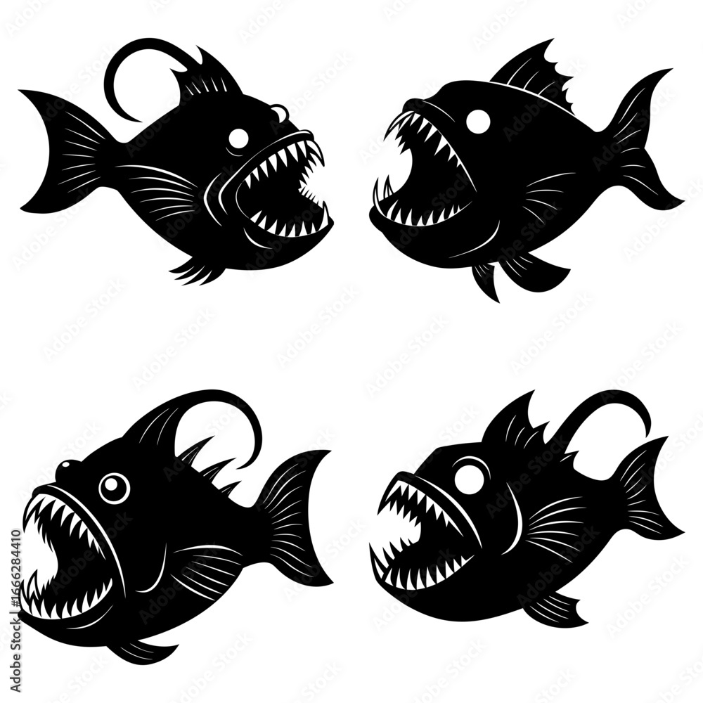 Poster four stylized black piranhas with sharp teeth and menacing eyes on a white background in vector form