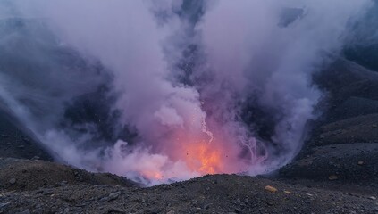 Obraz premium Aerial view of an active volcano erupting with glowing lava and billowing ash clouds at twilight