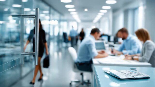Modern Office Dynamics: Capturing the essence of a vibrant, modern workspace, this image depicts people engaged in various work activities. The open office layout, with blurred figures of coworkers.